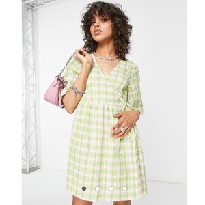 ASOS DESIGN Green Pink Gingham Wrap Mini Dress Seersucker Size US 4 117575066